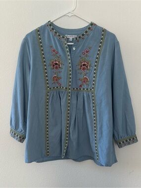 NorthStyle Dusty Blue Embroidered Floral Peasant Blouse